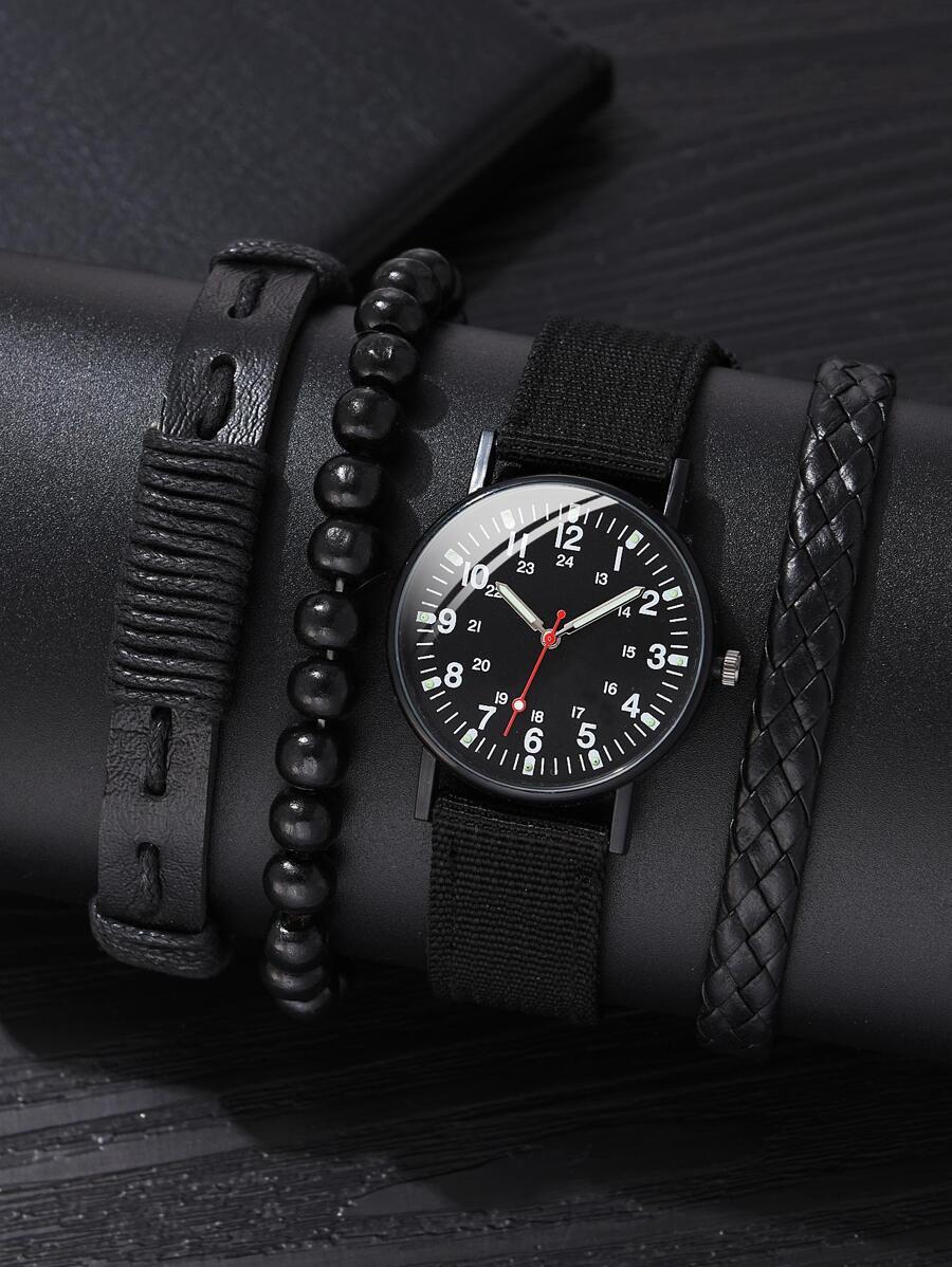 腕時計 メンズ セット 1個のメンズラウンドポインタークォーツウォッチと3個のブレスレット拍卖