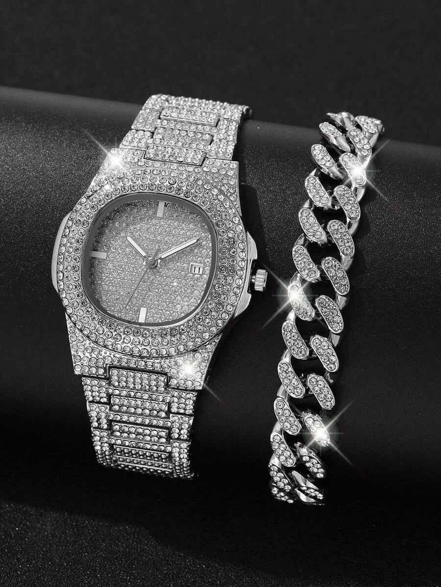 腕時計 レディース セット 1個 女性 シルバー 亜鉛合金 ストラップ グラマラス ラインストーンデコレーション 丸い ダイヤルク拍卖