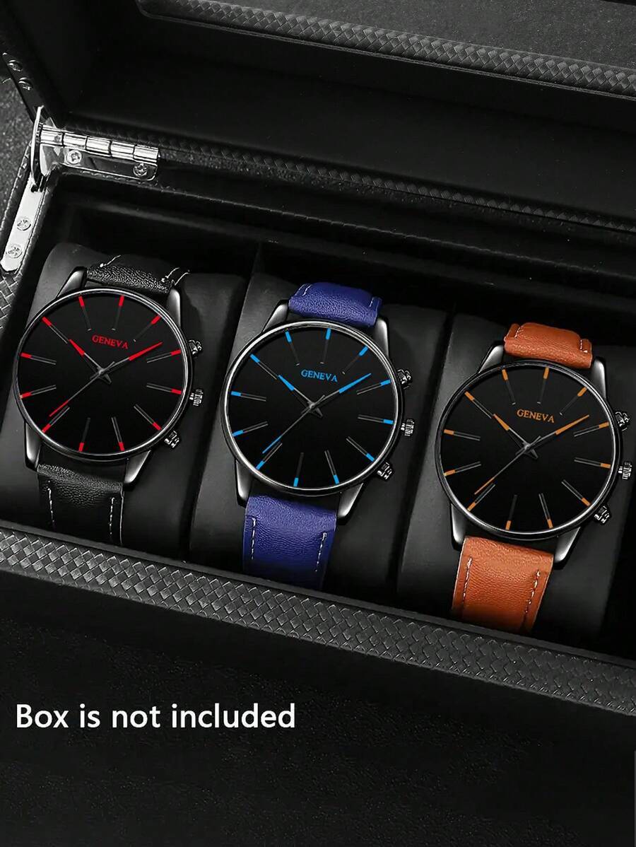 腕時計 メンズ セット 3個 クオーツ腕時計セット メンズ用:クラシックフェイクレザーバンド、丸型ダイヤル、デザイン - 彼への完拍卖