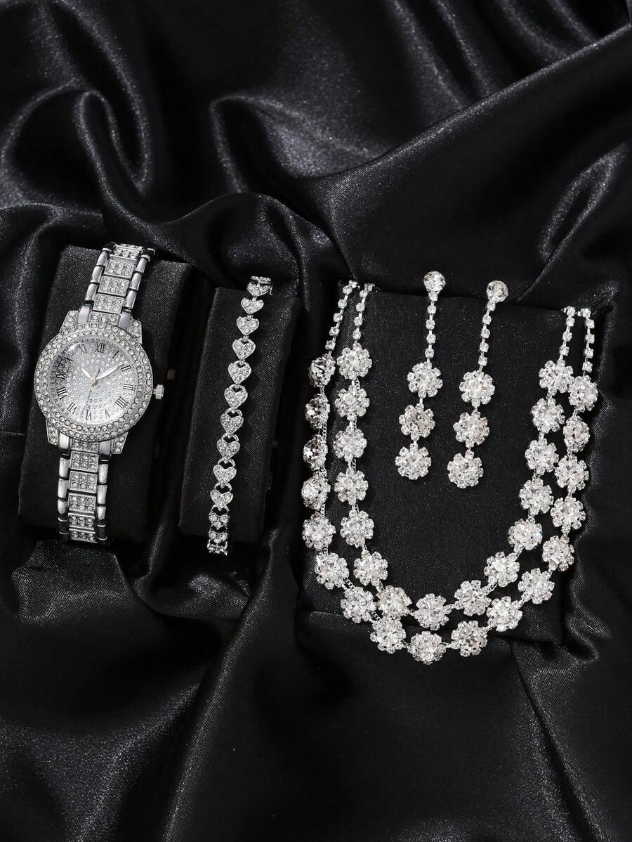 腕時計 レディース セット レディースウォッチ シルバー チクソ合金ストラップ グラマラスなラインストーンデコレーションラウンドダ拍卖