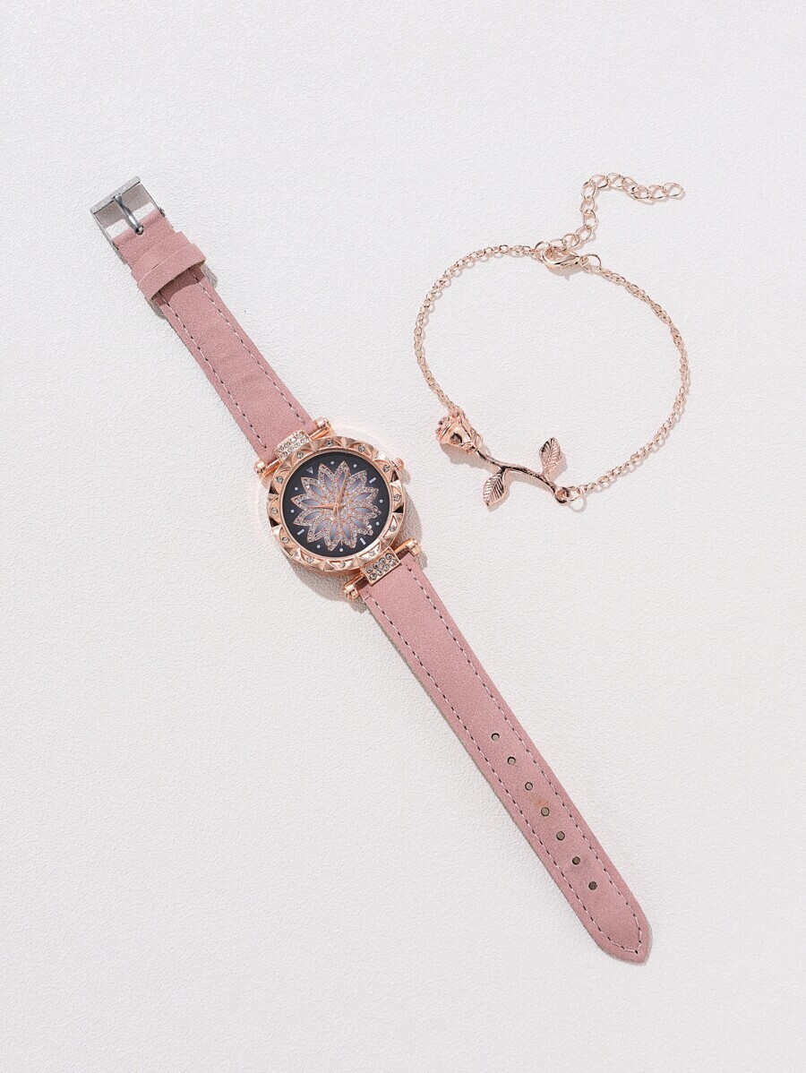腕時計 レディース セット 2個セット、レディース腕時計、フラワーケース レディース クォーツ腕時計、ローズ合金ブレスレット、腕時拍卖