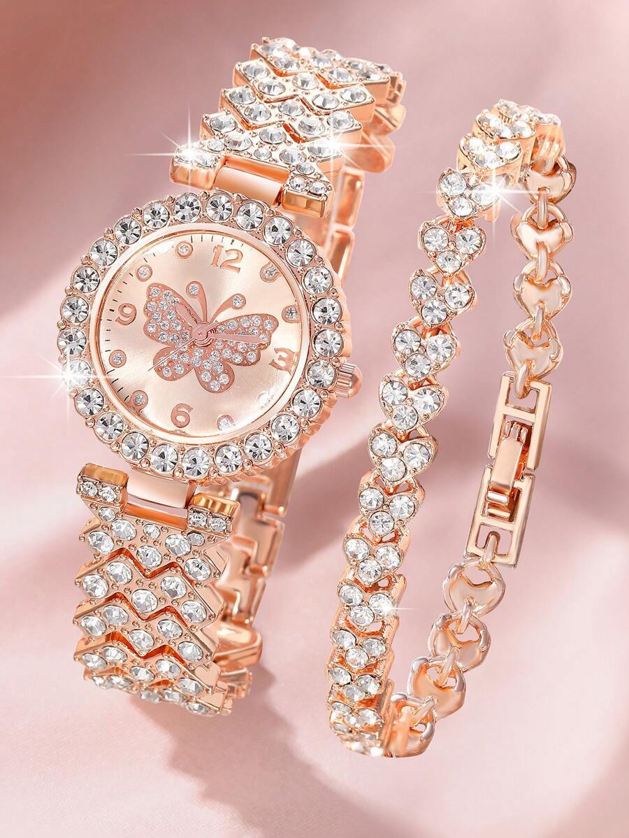 腕時計 レディース セット 豪華な女性用腕時計1セット、フルダイヤモンド クリエイティブ蝶ダイヤル レディース クォーツ腕時計、フ拍卖