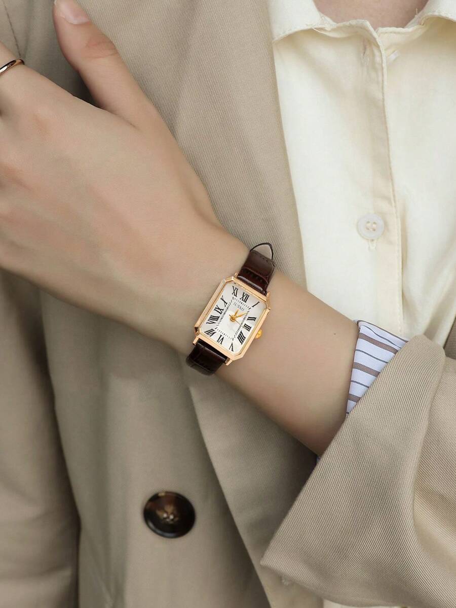 腕時計 レディース クォーツ 1個 クラシックレトロエレガントな女性用長方形ウォッチケース、ローマ数字デザイン、ミニマリストでリフ拍卖