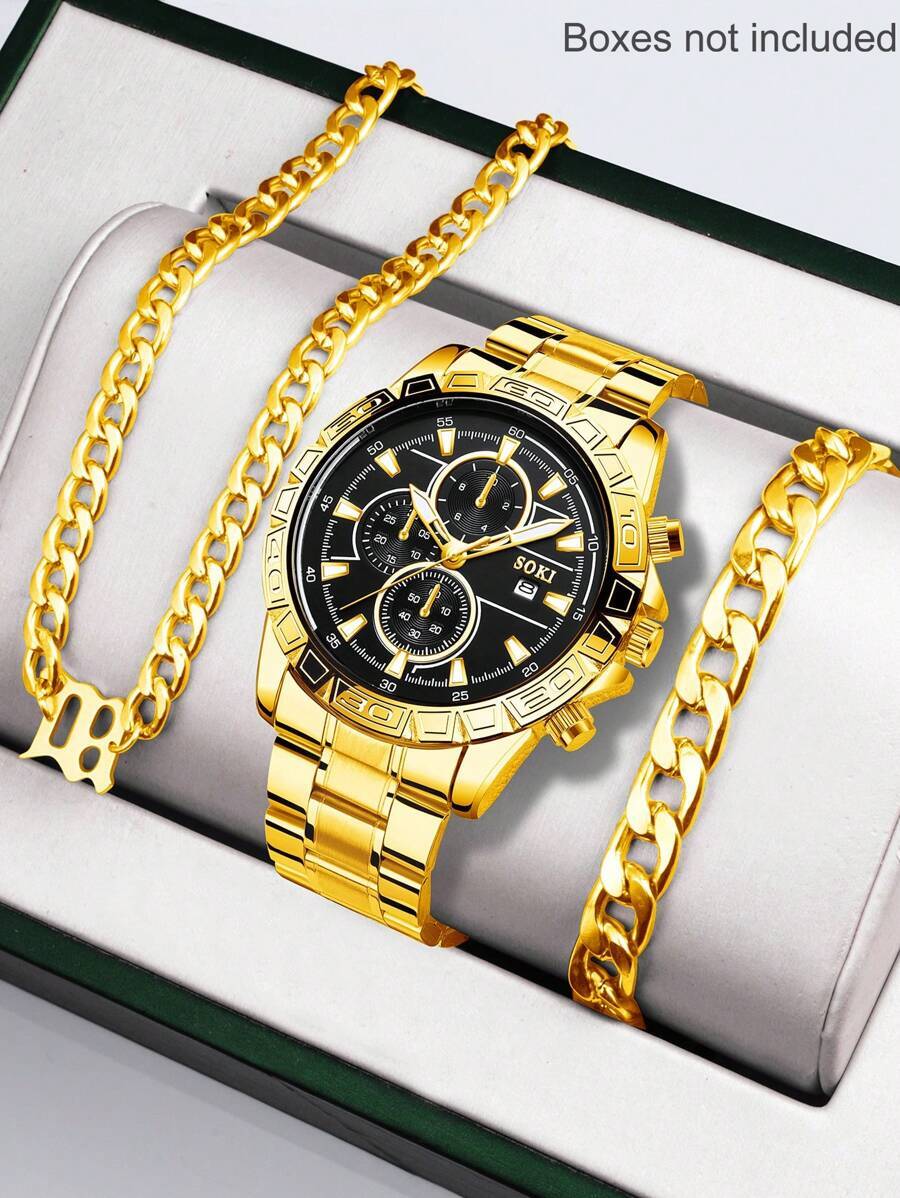 腕時計 メンズ セット ビジネス、ファッション、カレンダー機能付き、調整可能なステンレススチールバンド メンズウォッチ、ネックレス拍卖