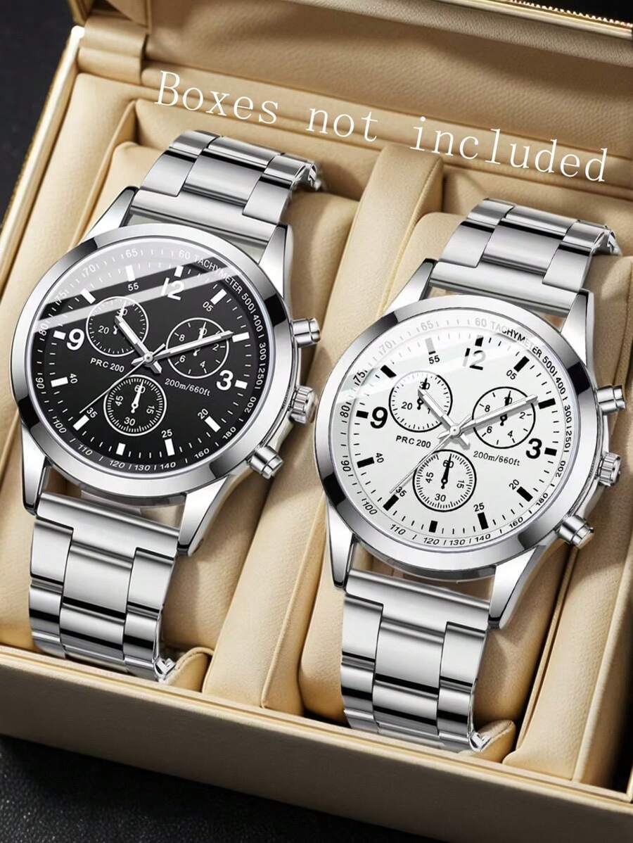 腕時計 メンズ セット 2個セット メンズシルバーストラップ ファッショナブルで シンプルなミックススケール 3眼ストラップクォー拍卖