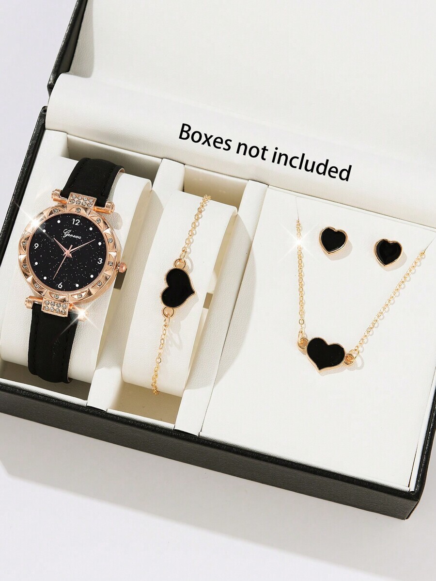 腕時計 レディース セット 5点セット レディース腕時計ファッション カジュアル PUレザーバンド クォーツ 時計 黒ハートシェイ拍卖