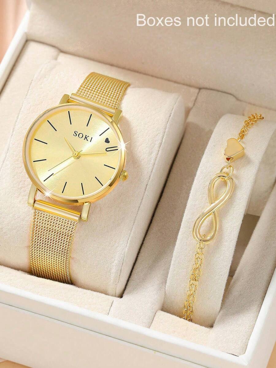 腕時計 レディース セット 1セット レディース腕時計、メッシュベルト、ファッショナブル、カジュアル、丸型ダイヤル、クォーツムーブ拍卖
