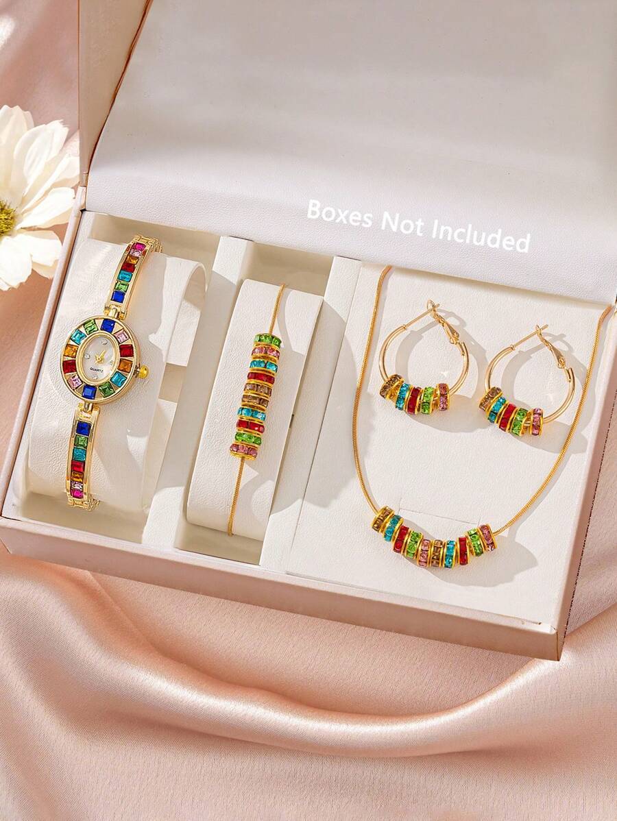 腕時計 レディース セット 1セット レディース腕時計 ラインストーン&ビーズネックレス イヤリング ブレスレット デコレーション拍卖