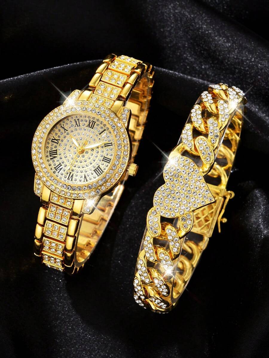 腕時計 レディース セット 1個 女性 ゴールド 亜鉛合金 ストラップ グラマラス ラインストーン 装飾 ラウンド ダイヤル クォ拍卖