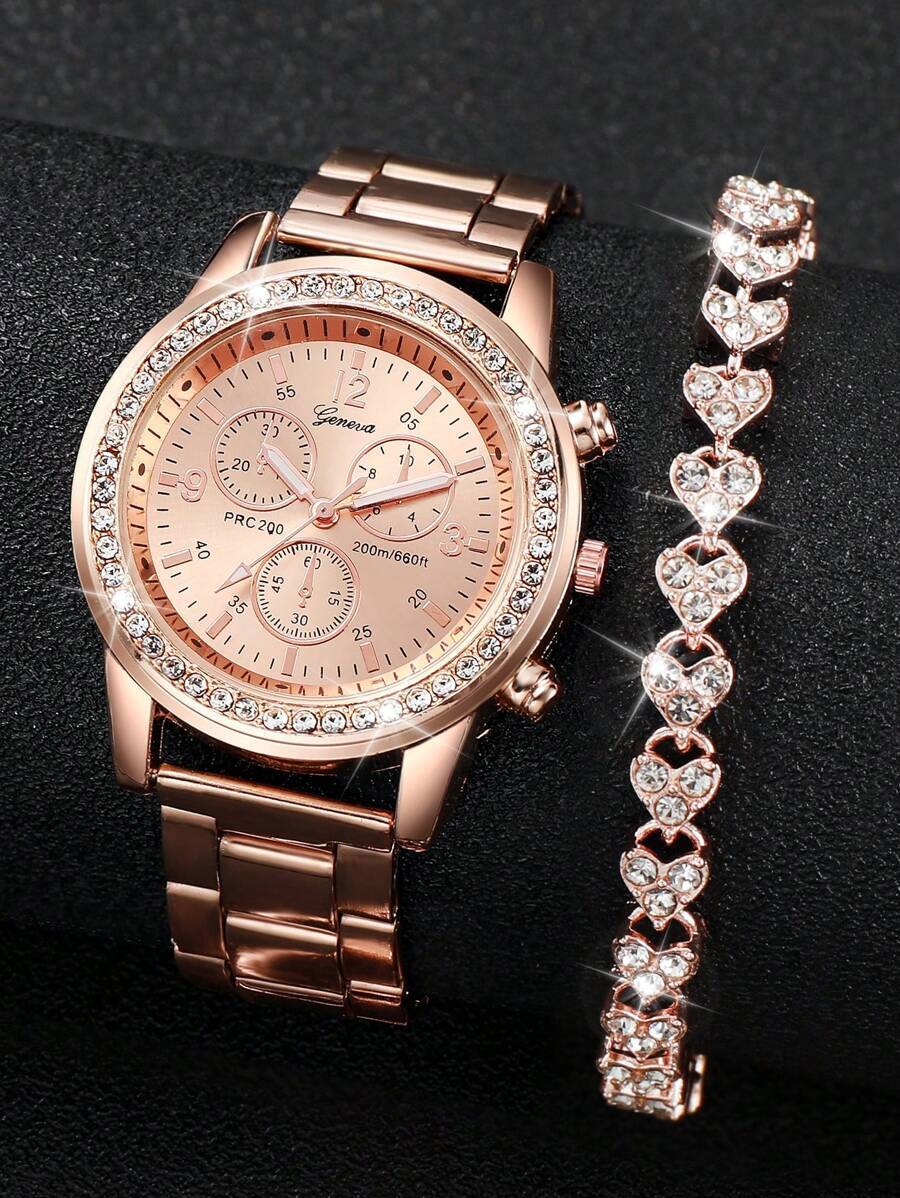 腕時計 レディース セット 2個組 レディース クォーツ 腕時計 ステンレスバンド、3アイダイヤル&ブレスレット拍卖