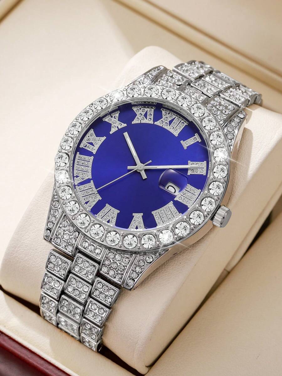 腕時計 メンズ クォーツ 1個 メンズ スチールバンド ファッションカジュアル ダイヤモンド装飾 ローマ数字ダイヤル スタイリッシ拍卖