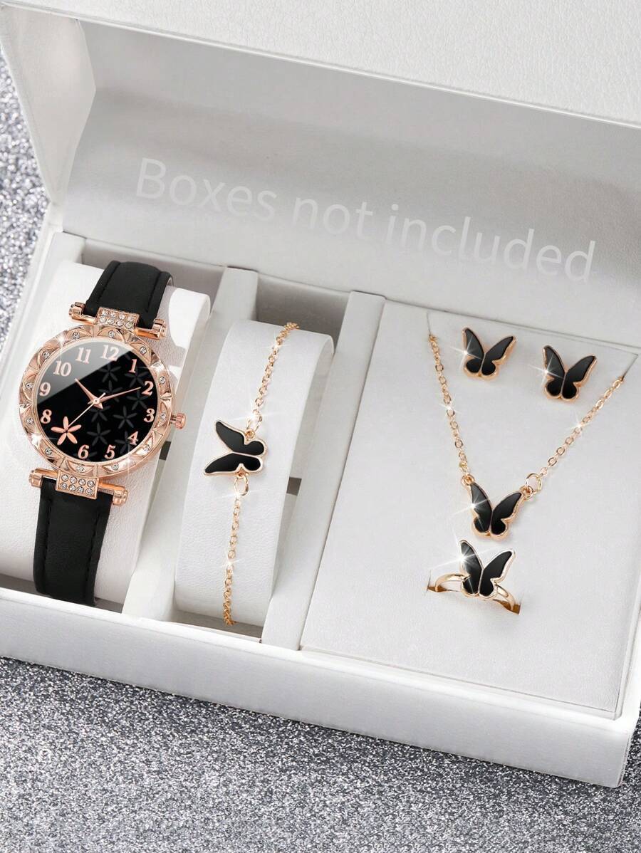 腕時計 レディース セット 女性用ギフトウォッチ6個セット、ファッションミニマリストダイヤモンド付きフローラル文字盤クラシッククォ拍卖