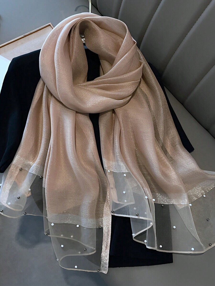 アクセサリー レディース スカーフ キャメル色 フェイクパール スタッズ入り ブレンドスカーフ、エレガントでキラキラした カラーブ拍卖