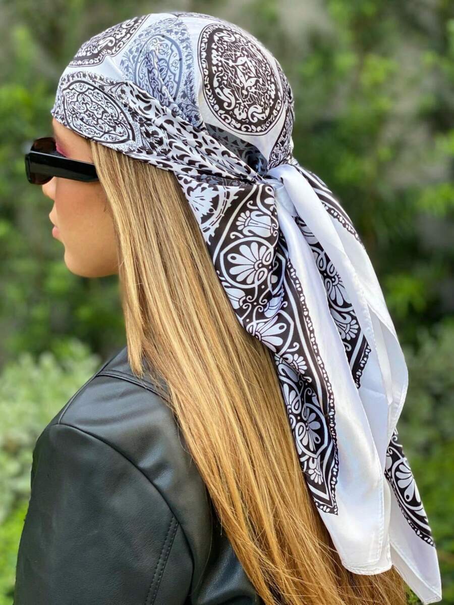 アクセサリー レディース スカーフ 1枚 女性用レトロ柄サテン90x90cm スクエアスカーフ、 夏のビーチ、ストリート、バンダナ拍卖