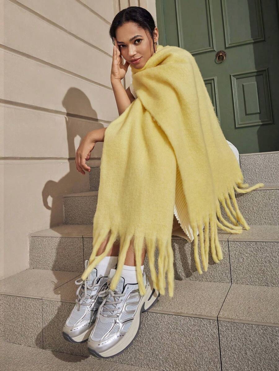 アクセサリー レディース スカーフ 1個 タッセル裾付き レディース無地スカーフ、アウトドアアクティビティ用、防風・保温ショール、拍卖