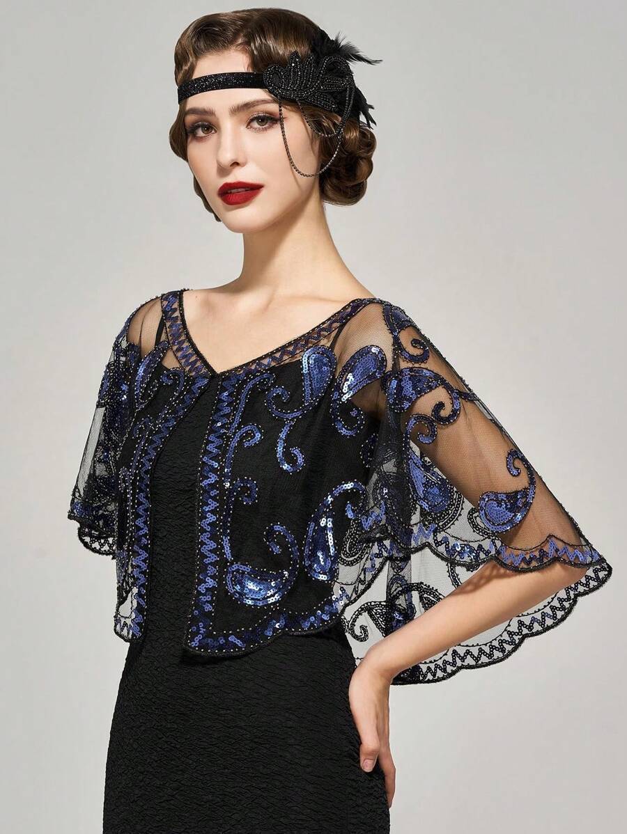 アクセサリー レディース スカーフ 1920年代 ヴィンテージ スパンコール ビーズ ショール、フォーマルパーティー、結婚式、ハー拍卖