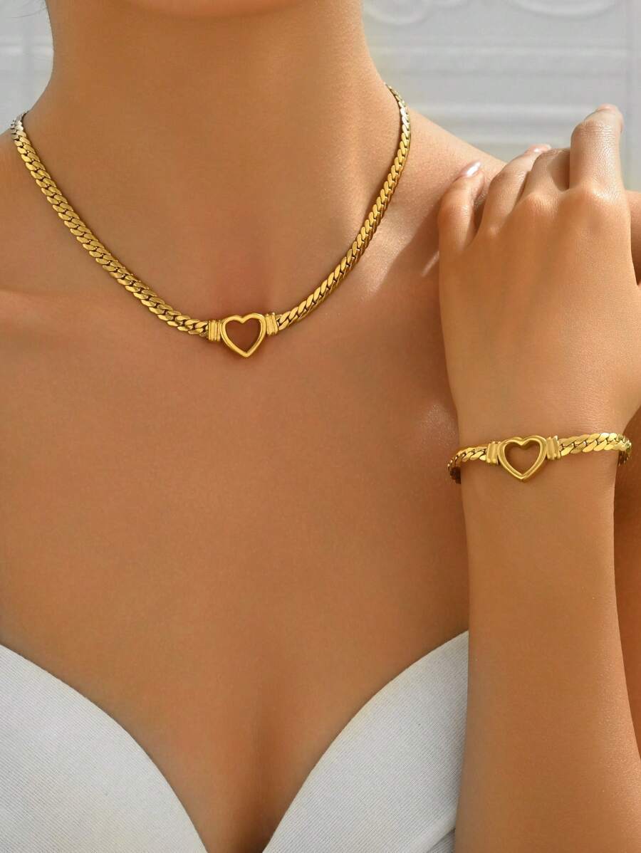 ジュエリー レディース セット ステンレス鋼チェーンネックレス 中空ハートペンダント2個セット、フラット スネークチェーン ブレス拍卖