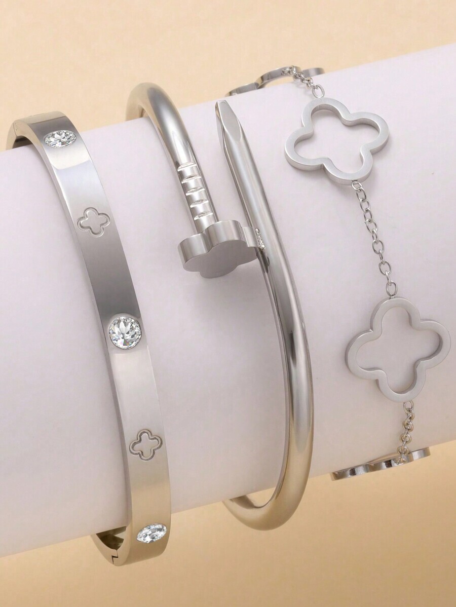 ジュエリー レディース ブレスレット バングル ジルコニア装飾クローバー ステンレススチール バングルブレスレット 3個セット デ拍卖