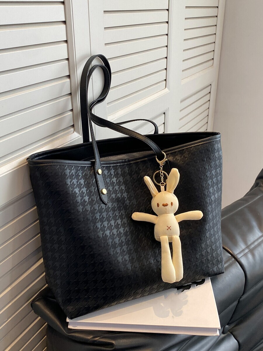 バッグ レディース トートバッグ ハウンドトゥース柄 トートバッグ ブラック、チャーム付き 大容量、軽量、携帯性、ビジネスカジュア拍卖