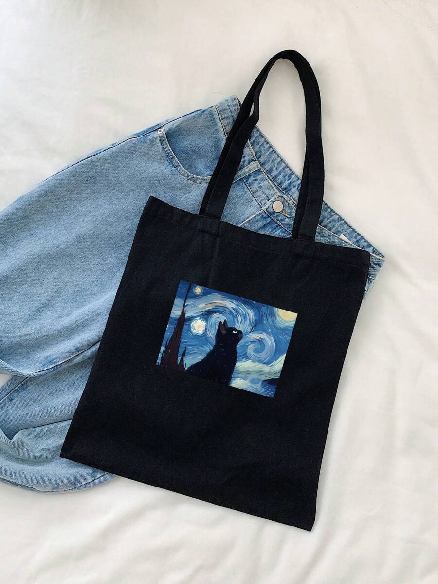 バッグ レディース トートバッグ 1個 ファッショナブルな黒猫と星空プリントの女性用キャンバストートバッグ、旅行用の軽量で大容量の拍卖