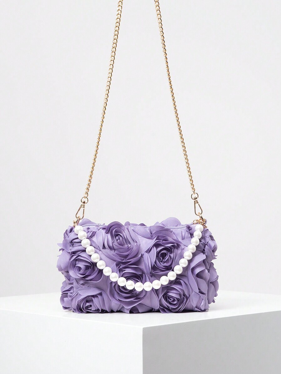 バッグ レディース ショルダーバッグ 3Dローズ フラワー メタルチェーン クロスボディバッグ、フォーマルなフェイクパールトートバ拍卖