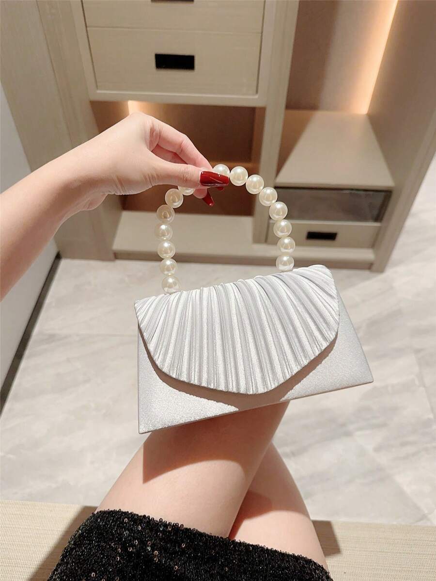 バッグ レディース ドレスバッグ 1個 エレガントなクラシックプリーツデザインのイブニングバッグ、ロマンチックな人工真珠のハンドバ拍卖