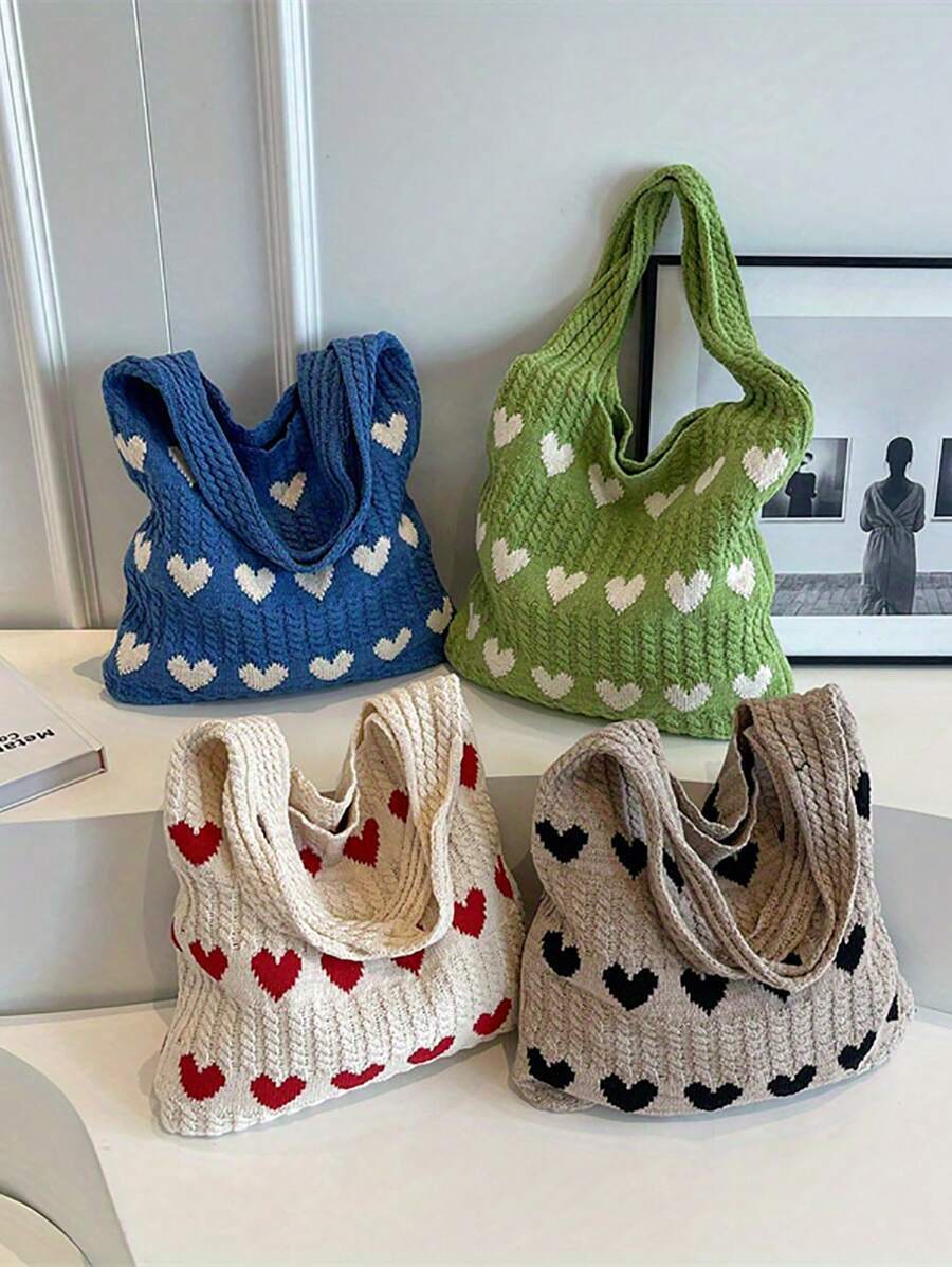 バッグ レディース ショルダーバッグ 学校に戻る、 レディース ミニマリスト 大容量 ハート装飾 ニット編み ショッピングバッグ、拍卖