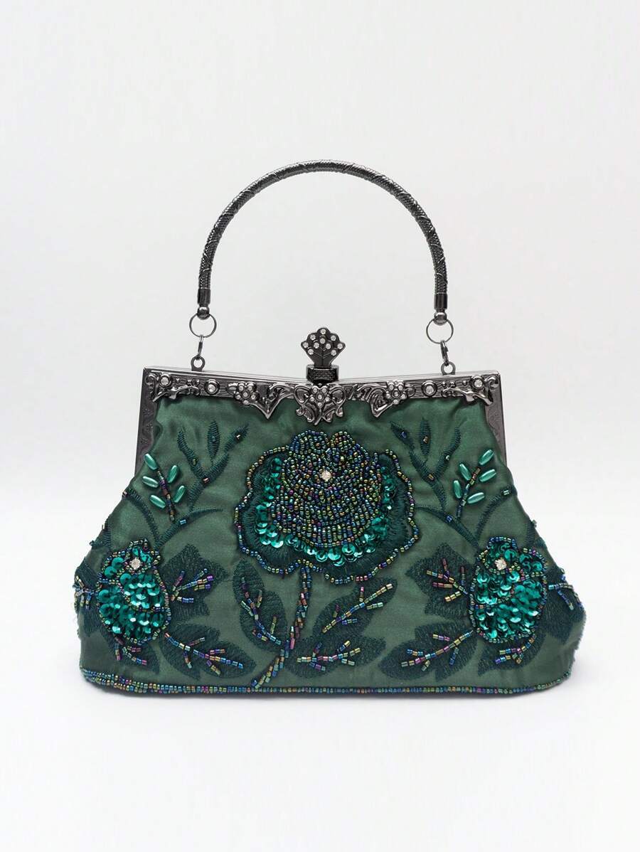 バッグ レディース ドレスバッグ エメラルドグリーンのバラの花 刺繍ビーズ スパンコール ラインストーン ヴァイン ハンドルデコレ拍卖