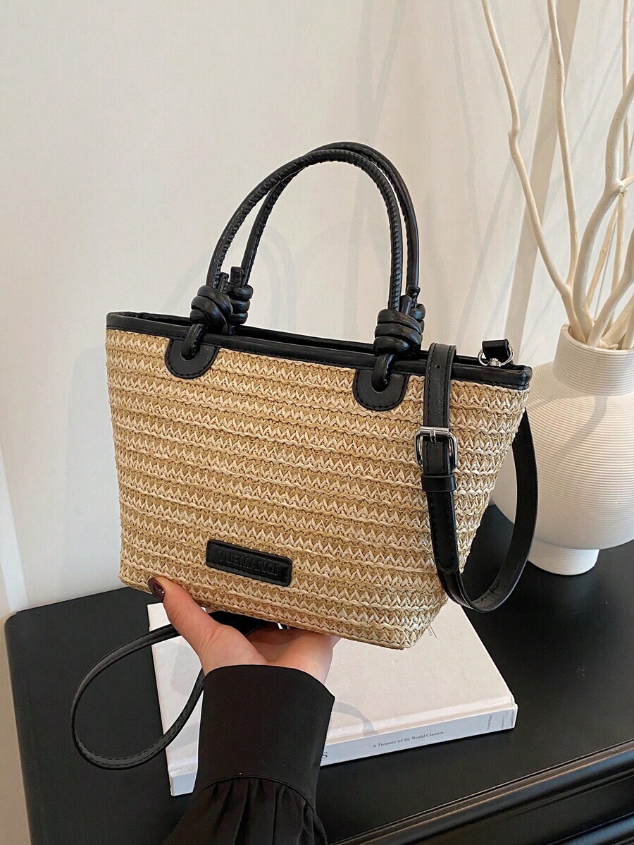 バッグ レディース ハンドルバッグ 1個 無地ボヘミアン調 ウーブンハンドバッグ、ファッション ウーブン スプリシング 野菜バスケ拍卖