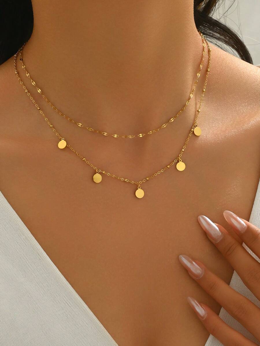 ジュエリー レディース ネックレス レイヤード 1個 18Kゴールドメッキ シンプルなダブルレイヤー幾何学サークルペンダント ステ拍卖