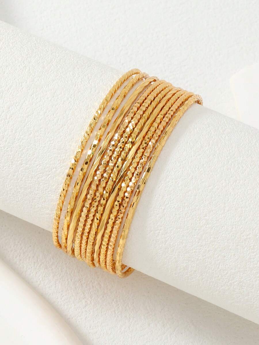 ジュエリー レディース ブレスレット バングル ボヘミアン、24Kゴールド輝く贅沢な薄いスタッキングブレスレット10個セット、フェ拍卖