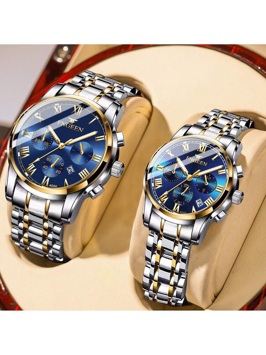 腕時計 ペアウォッチ 2個セット カップルウォッチ ラブギフト シルバー×ゴールド ステンレススチール ローマ数字 カレンダー表示拍卖