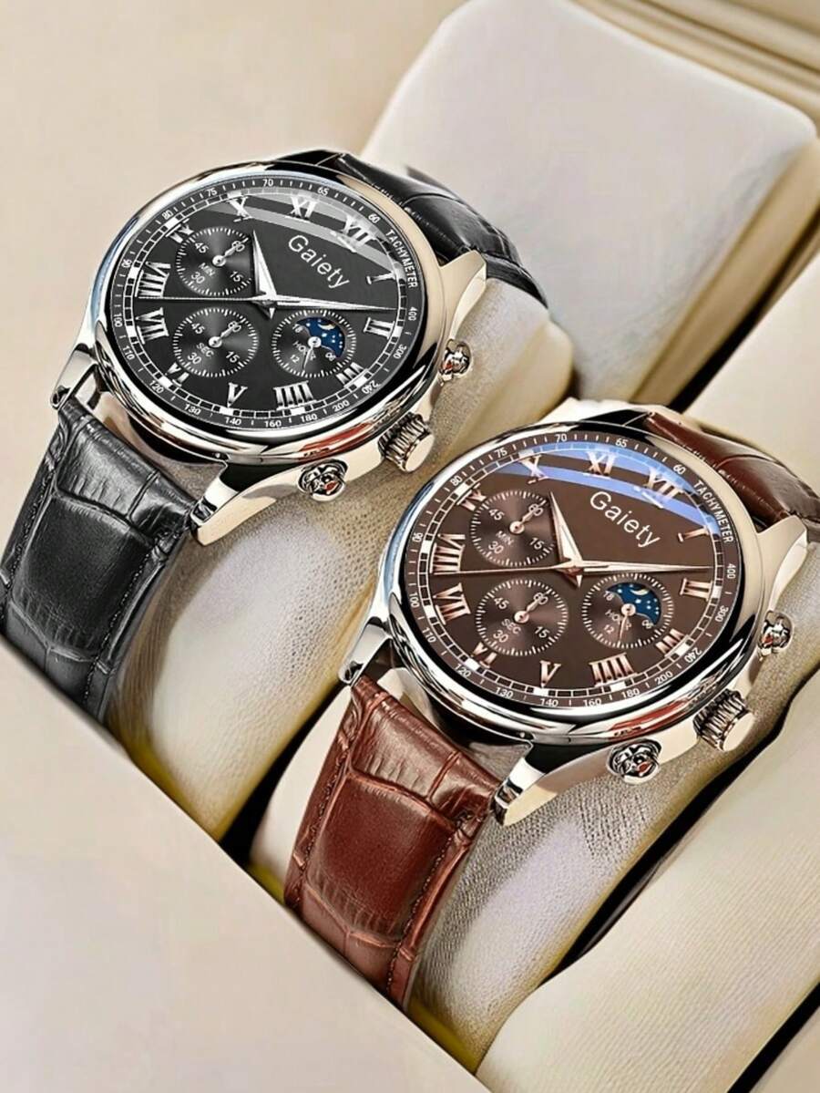 腕時計 メンズ クォーツ 2個セット メンズ レザーストラップ カジュアル ビジネス ローマン数字 クラシックダイヤル クォーツ腕拍卖