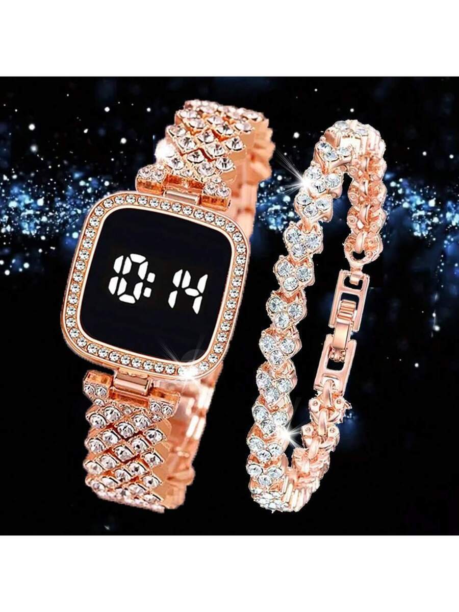 腕時計 レディース セット 1セット レディースデジタル腕時計 無料ブレスレット付き スクエア レディース腕時計 合金 学生 女の拍卖