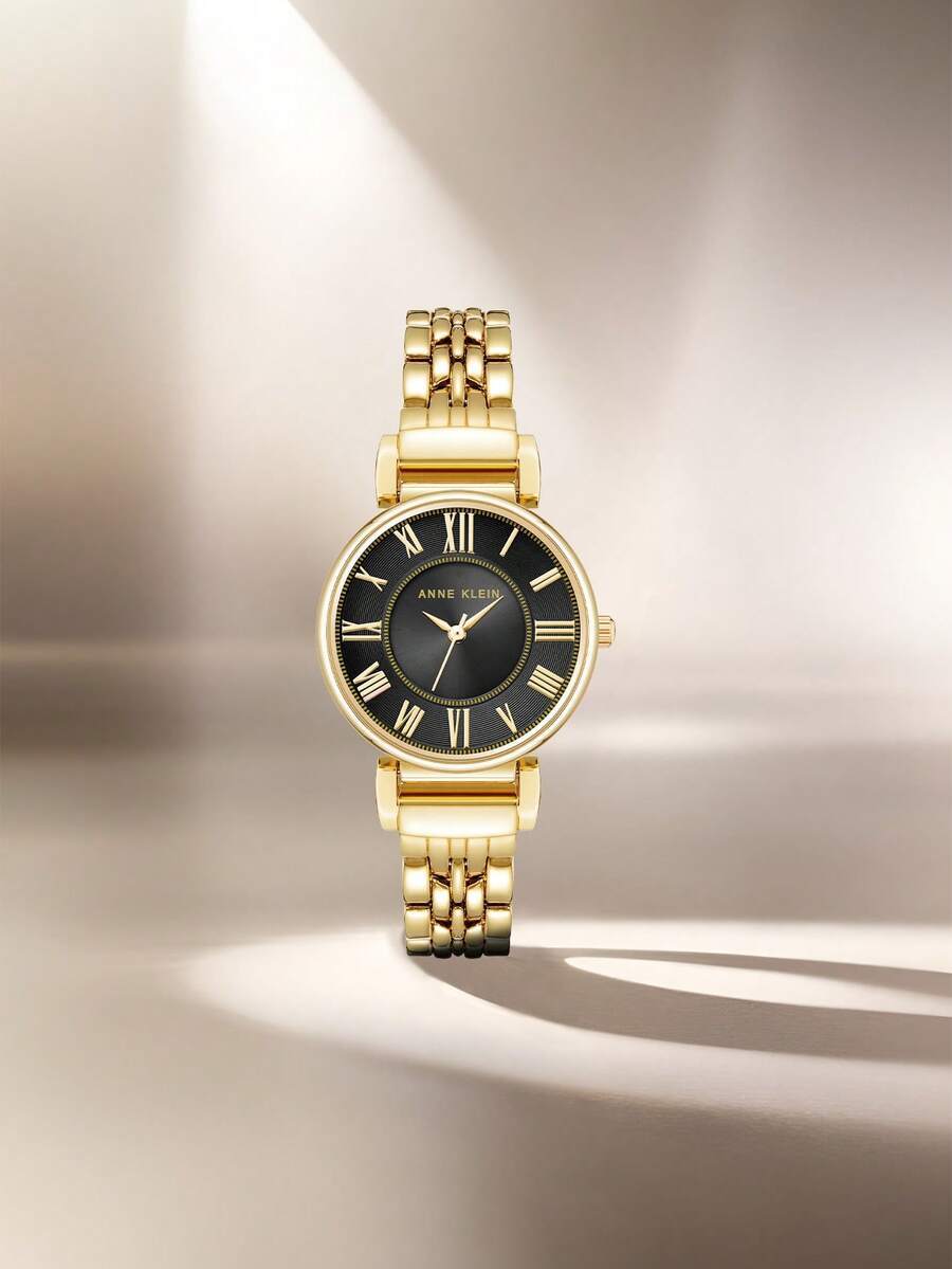 腕時計 レディース クォーツ 女性用ゴールドトーンクォーツブレスレットウォッチ、光沢のあるブラックダイヤル、防水ウォッチ、女性用ラ拍卖