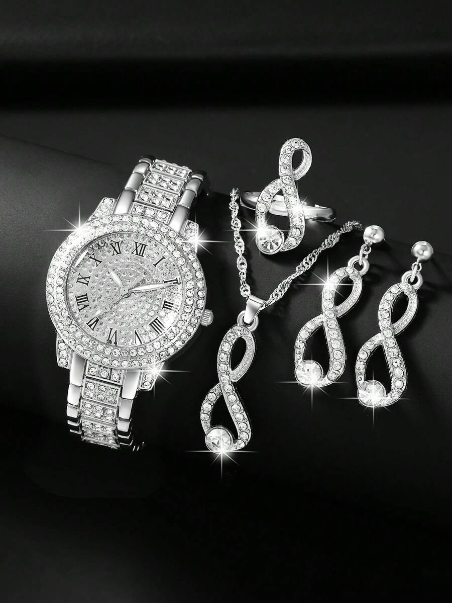 腕時計 レディース セット 豪華でファッショナブルな女性用時計セット、ネックレス、ピアス、リング、八角形ジュエリーセット、日常着用拍卖