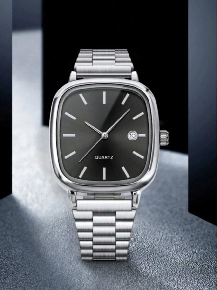 腕時計 メンズ クォーツ 1個 バッテリー式ミニマリストヴィンテージスチールバンド スクエア 腕時計 カレンダー付き、ユニセックス拍卖