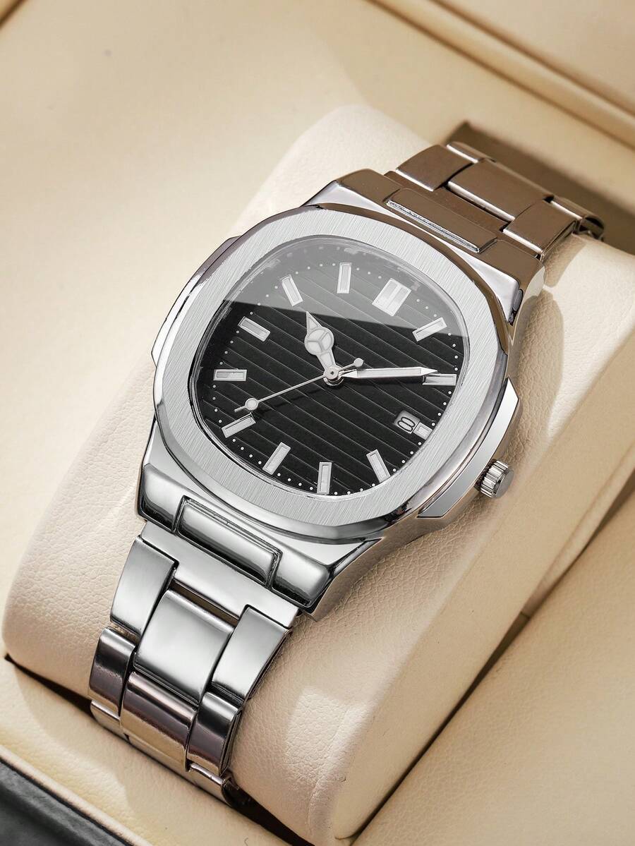 腕時計 メンズ クォーツ 1個 メンズ ファッション性の高い シンプルスクエアダイヤル カレンダー ステンレススチールバンド クォ拍卖