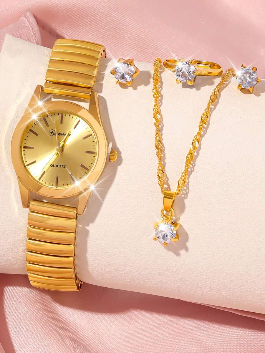 腕時計 レディース セット 5個セット 高級ゴールド レディース腕時計セット、エレガントスタイルの腕時計、ネックレス、リング、スタ拍卖