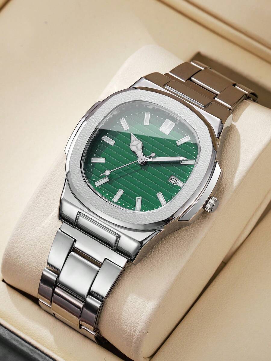 腕時計 メンズ クォーツ 1個 メンズファッション シンプル スクエアダイヤル カレンダー ビジネスクォーツ腕時計 スチールバンド拍卖