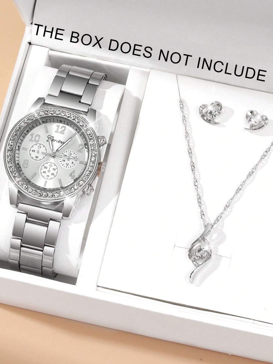 腕時計 レディース セット 4点セット レディース高級シルバー腕時計、ネックレス、イヤリング付き。洗練されたダイヤルにラインストー拍卖