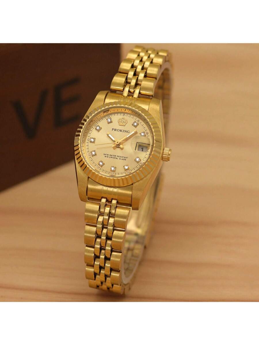 腕時計 レディース クォーツ 1個 レディース ゴールドステンレスケース&バンド ビジネスファッション ダイヤモンド クォーツ腕時拍卖