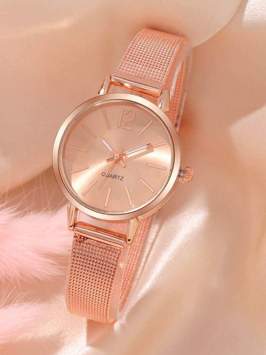 腕時計 レディース セット 1個 高級で優雅なレディース腕時計、小さな丸型ダイヤモンド装飾ダイヤル、ゴールドメタルメッシュストラッ拍卖