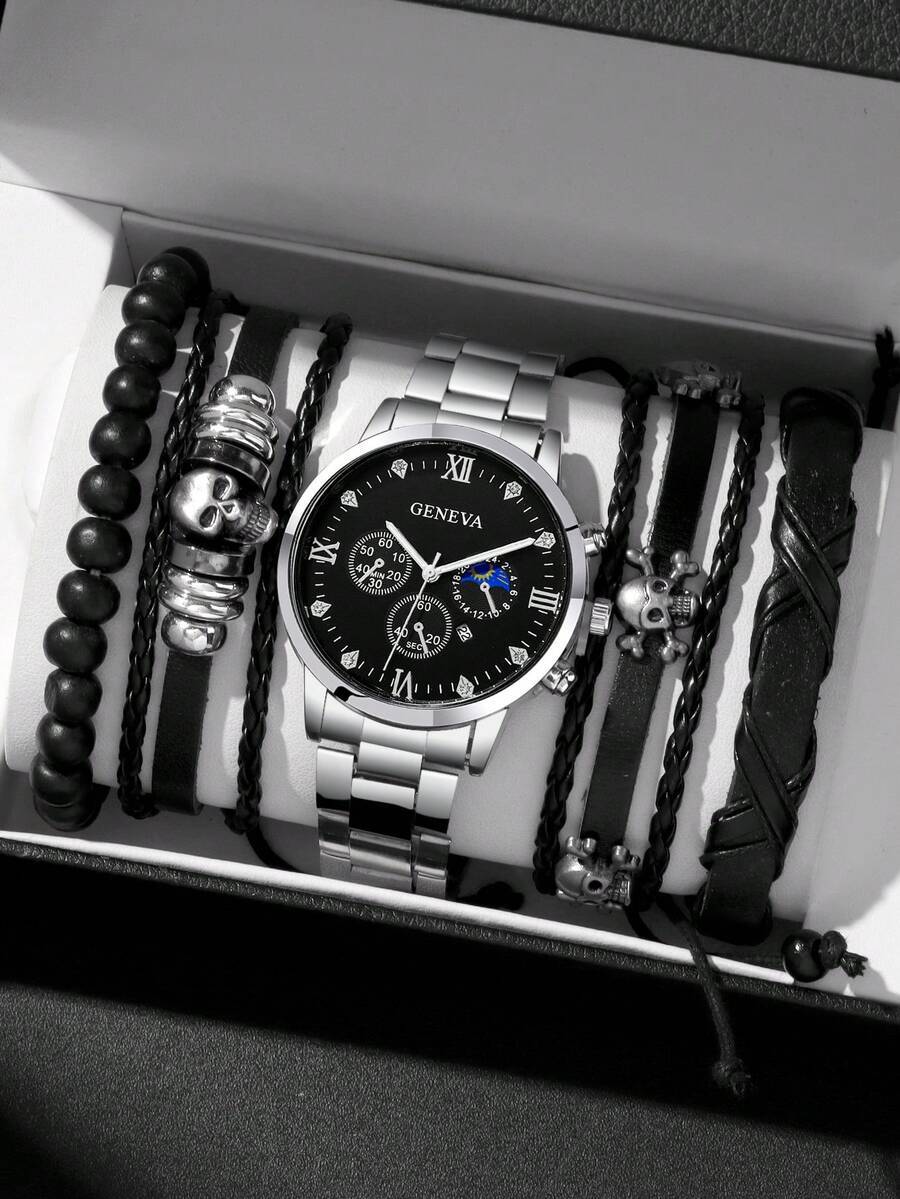 腕時計 メンズ セット 男の子用シンプルカジュアル クォーツ腕時計 5個セット、ラウンドダイヤル ラインストーンスケール、合金スト拍卖