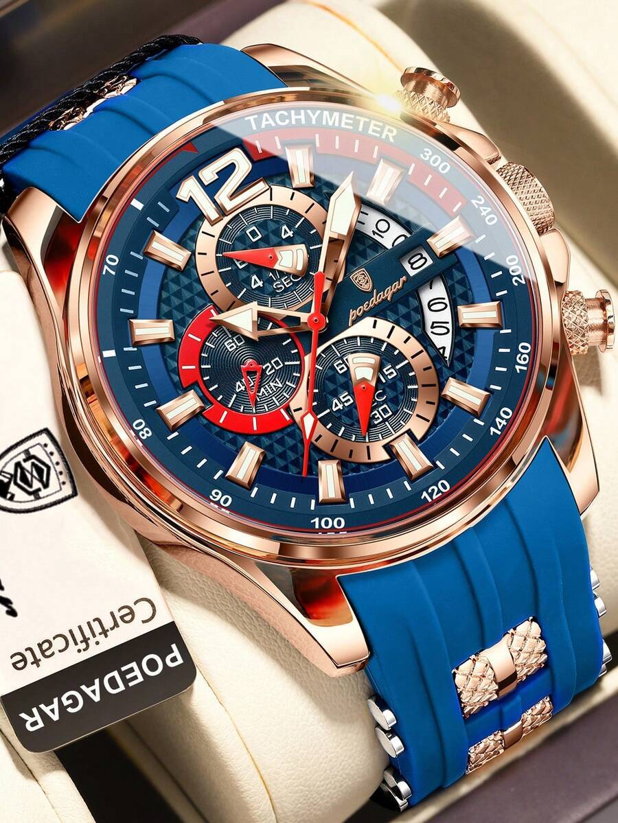 腕時計 メンズ クォーツ 1個 スポーツ防水発光シリコンストラップ メンズクォーツ腕時計、カジュアルデイト クロノグラフ メンズ腕拍卖