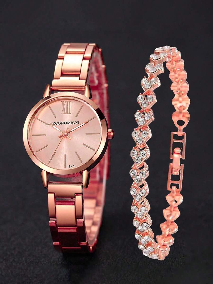 腕時計 レディース セット ファッショナブルでミニマリストな女性用ローマ数字ディスク クォーツ腕時計とブレスレットセット2個入り、拍卖