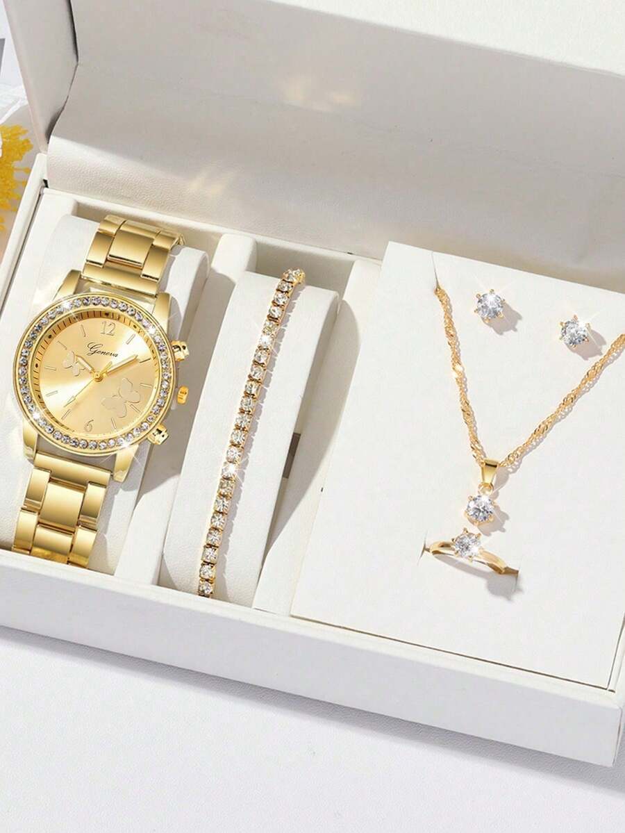 腕時計 レディース セット ファッショナブルな女性用ラウンド スチールストリップ クォーツ腕時計6個セット、多用途なラウンドライン拍卖