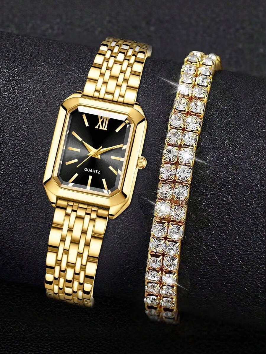 腕時計 レディース セット ファッション合金製レディース クォーツ腕時計 2個セット、合金ブレスレット付きウォッチ拍卖