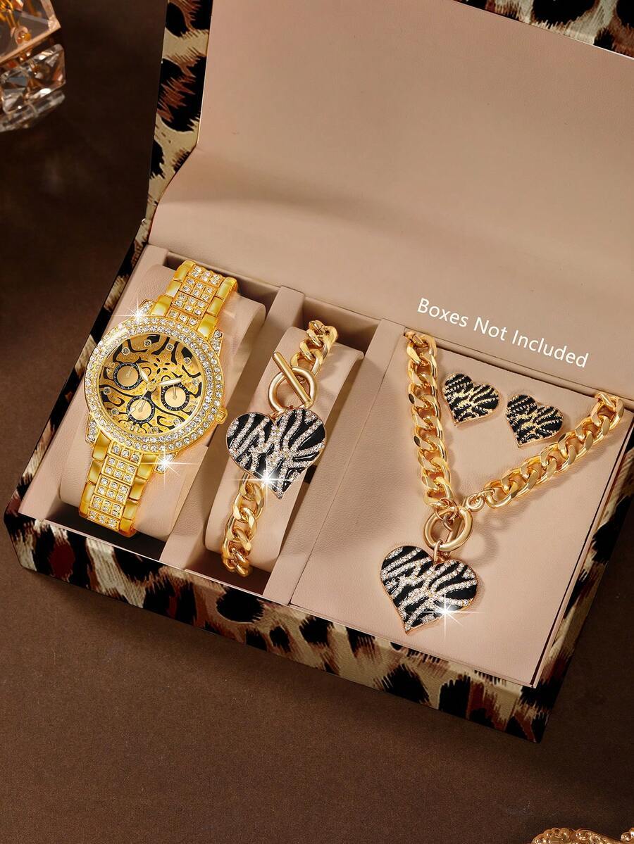 腕時計 レディース セット 5点セット パーソナライズ ファッションヒョウ柄 クォーツ 腕時計 ヒョウ柄ネックレス、ピアス、ブレス拍卖