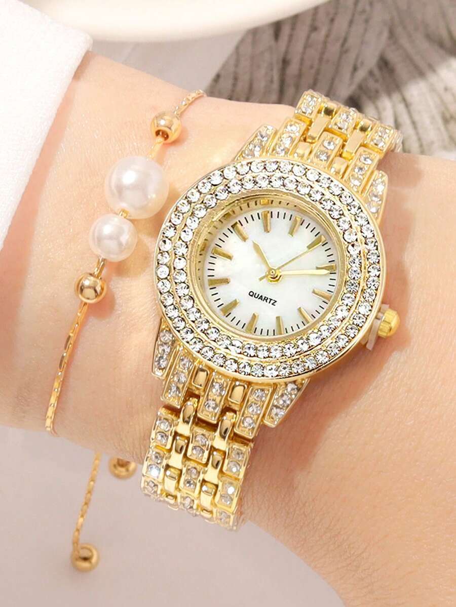 腕時計 レディース セット 3個セット ファッショナブルでラグジュアリーな輝くダイヤモンド付き レディース 鋼製ストラップ クォー拍卖